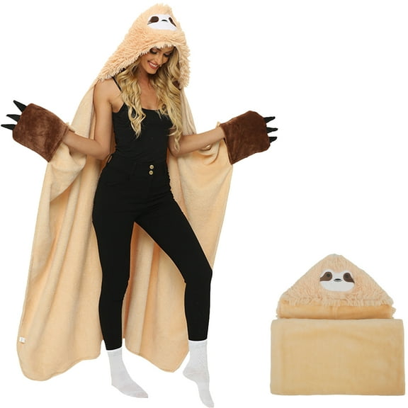 NUAHRHY Wearable Hooded Blanket Oversized Flannel Hoodie Blanket Soft Cute Fluffy Sloth Hooded Blanket Warm Cosy Wearable TV Blanket Cloak Animal Wrap for Women Adult Kids -Sloth