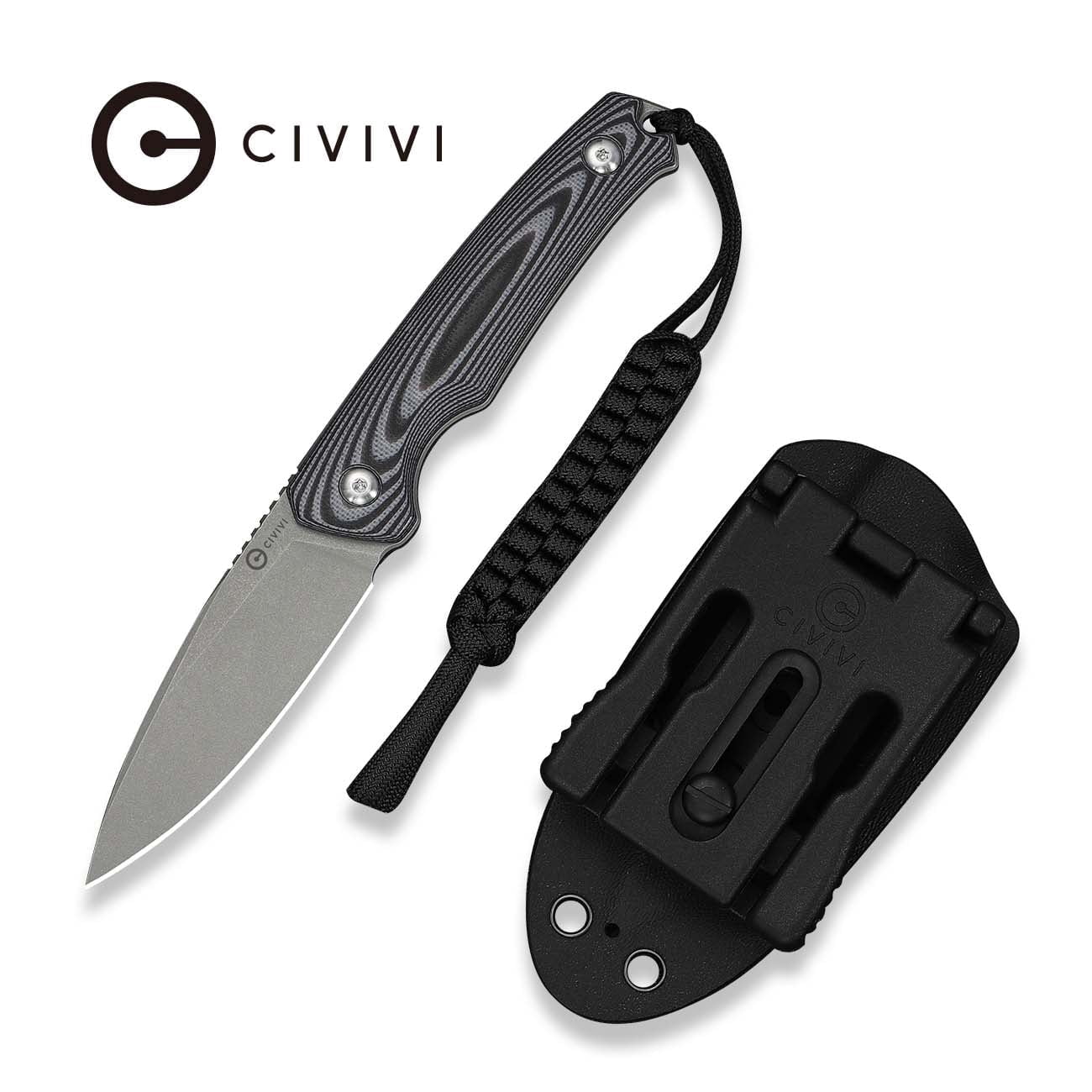 CIVIVI Altus Fixed Blade Knife with Black Kydex Sheath & T-Clip, Tactical Knife with 2.99" Gray Stonewashed 14C28N Blade Gray and Black Layered G10 Handle C20076B-2, With 1PC Black Lanyard