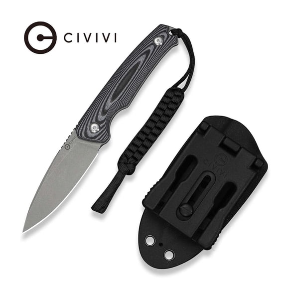 CIVIVI Altus Fixed Blade Knife with Black Kydex Sheath & T-Clip, Tactical Knife with 2.99" Gray Stonewashed 14C28N Blade Gray and Black Layered G10 Handle C20076B-2, With 1PC Black Lanyard