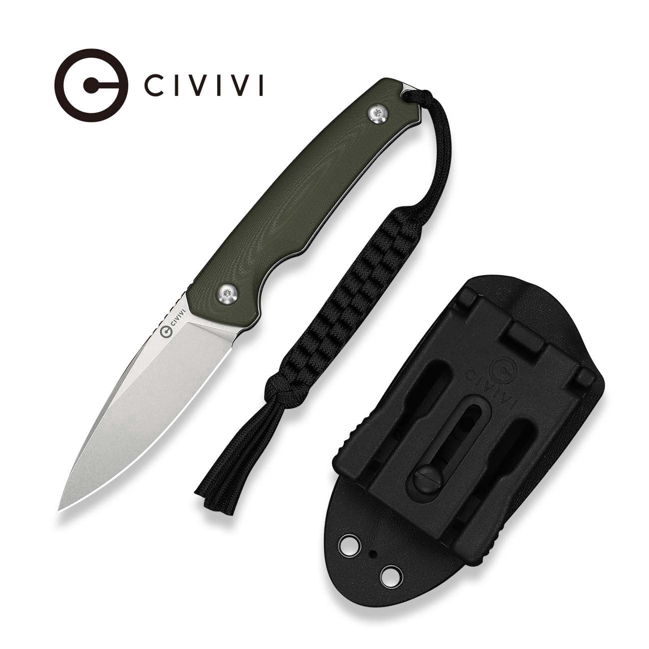 CIVIVI Altus Fixed Blade Knife with Black Kydex Sheath & T-Clip, Tactical Knife with 2.99" Stonewashed 14C28N Blade OD Green G10 Handle C20076B-1, With 1PC Black Lanyard