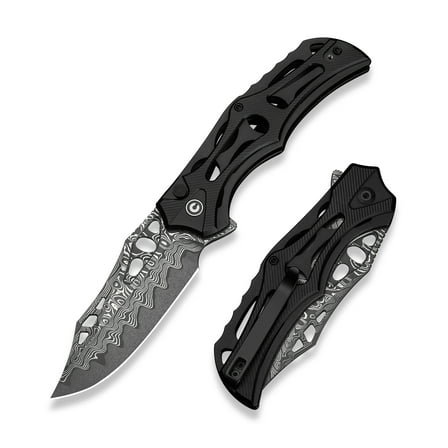 CIVIVI Biophase Button Lock Pocket Folding Knife with 3.48" Damascus Blade , Black Aluminum Handle C23083-DS1