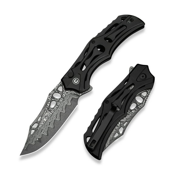 CIVIVI Biophase Button Lock Pocket Folding Knife with 3.48" Damascus Blade , Black Aluminum Handle C23083-DS1