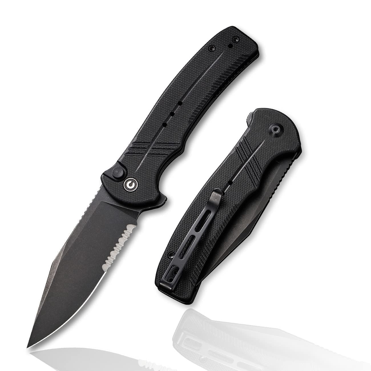 CIVIVI Cogent Button Lock C20038E-1 Knife 14C28N Serrated Stainless & Black G10 Pocket Knives