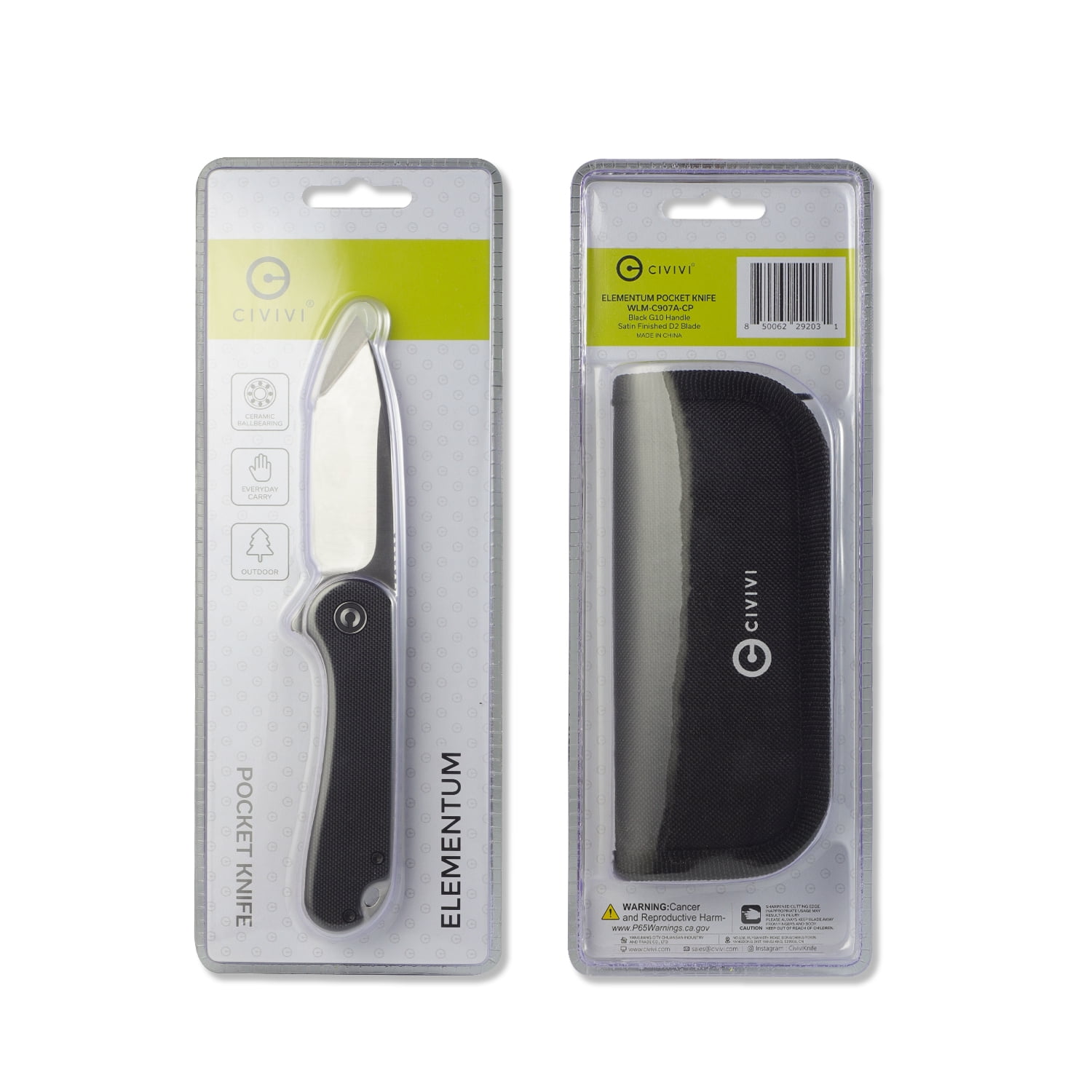 CIVIVI Elementum Folding Pocket Knife for Men and Women, 2.96" D2 Satin Blade, Black G10 Handles, Ideal for Utility Gift C907A