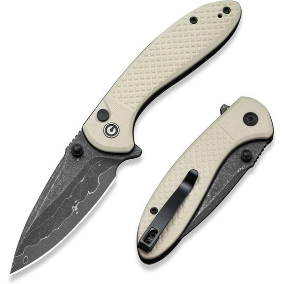 CIVIVI Faeger Button Lock Pocket Folding Knife with 2.98" Damascus Blade , Black Aluminum Handle C24031-DS1