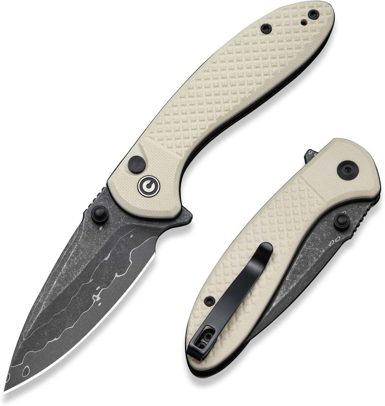 CIVIVI Faeger Button Lock Pocket Folding Knife with 2.98" Damascus Blade , Black Aluminum Handle C24031-DS1