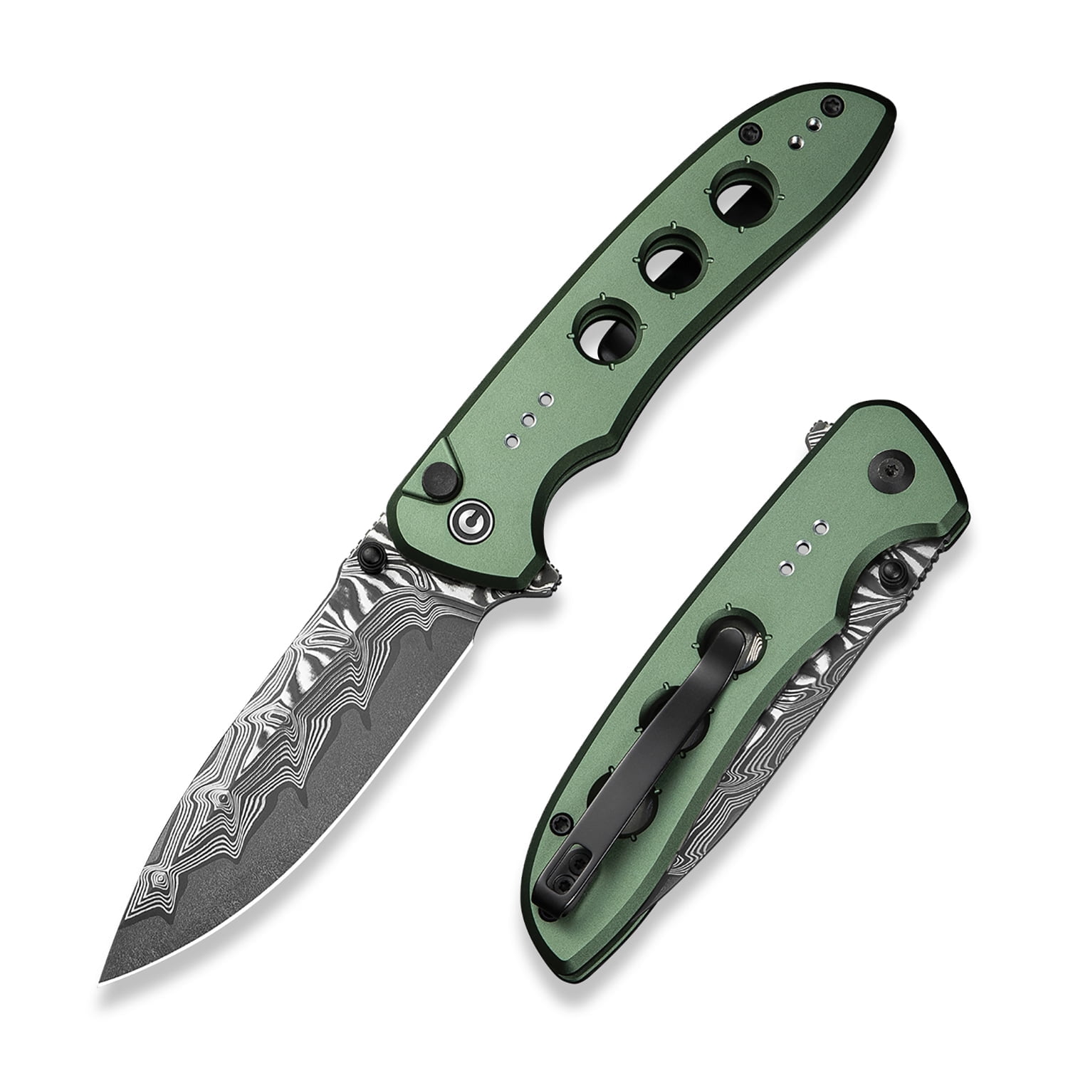 CIVIVI Hyperpulse Pocket Folding Knife, 3.5" Damascus Blade Lightweight Green Aluminum Handle C23087A-4