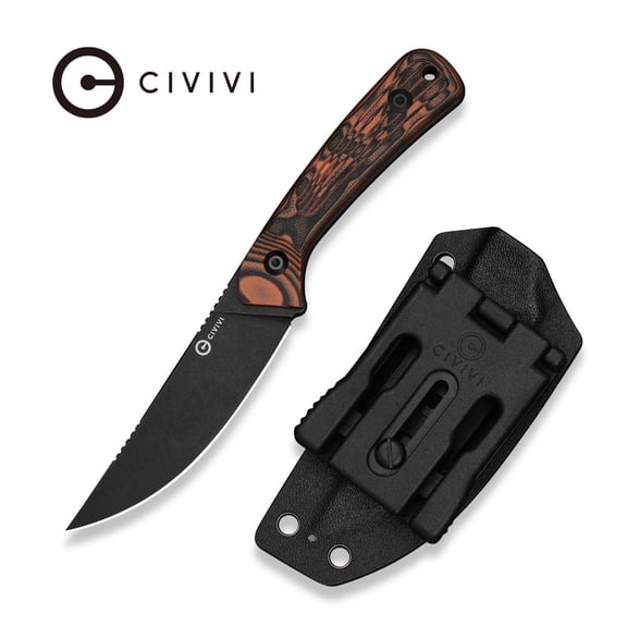 CIVIVI Carveth Fixed Blade Knife with 1PC Black Lanyard, Black Kydex Sheath & T-Clip, Tactical Knife with 3.59" Black Stonewashed AEB-L Blade Orange & Black G10 Handle C25040-2
