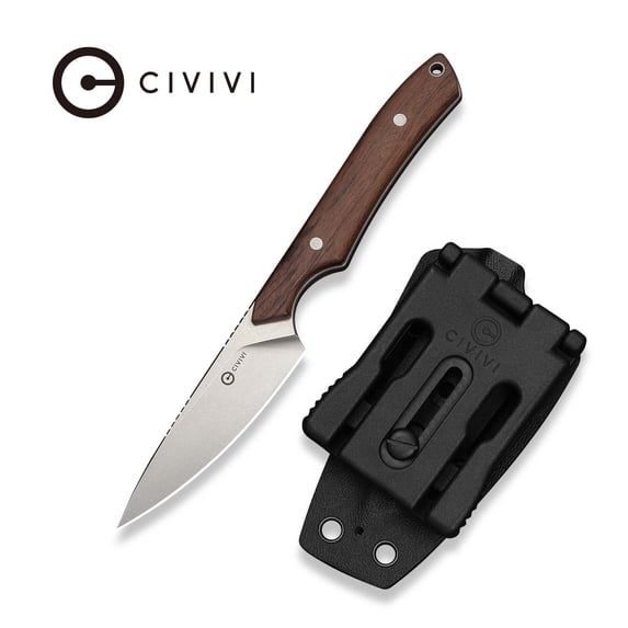 CIVIVI High Grass Field Knife Fixed Blade Knife with 1PC Black Lanyard, Black Kydex Sheath & T-Clip, Tactical Knife with 2.93" Stonewashed 14C28N Blade Guibourtia Wood Handle C25084-3