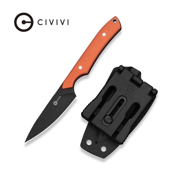 CIVIVI High Grass Field Knife Fixed Blade Knife with 1PC Black Lanyard, Black Kydex Sheath & T-Clip, Tactical Knife with 2.93" Black Stonewashed 14C28N Blade Orange G10 Handle C25084-1
