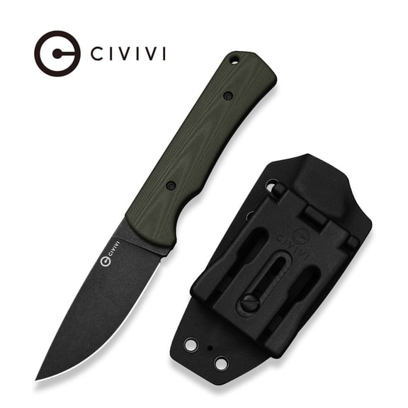 CIVIVI Jencks Fixed Blade Knife with Black Kydex Sheath & T-Clip, Tactical Knife with 3.54" Black Stonewashed 14C28N Blade OD Green G10 Handle C24051-2, With 1PC Black Lanyard