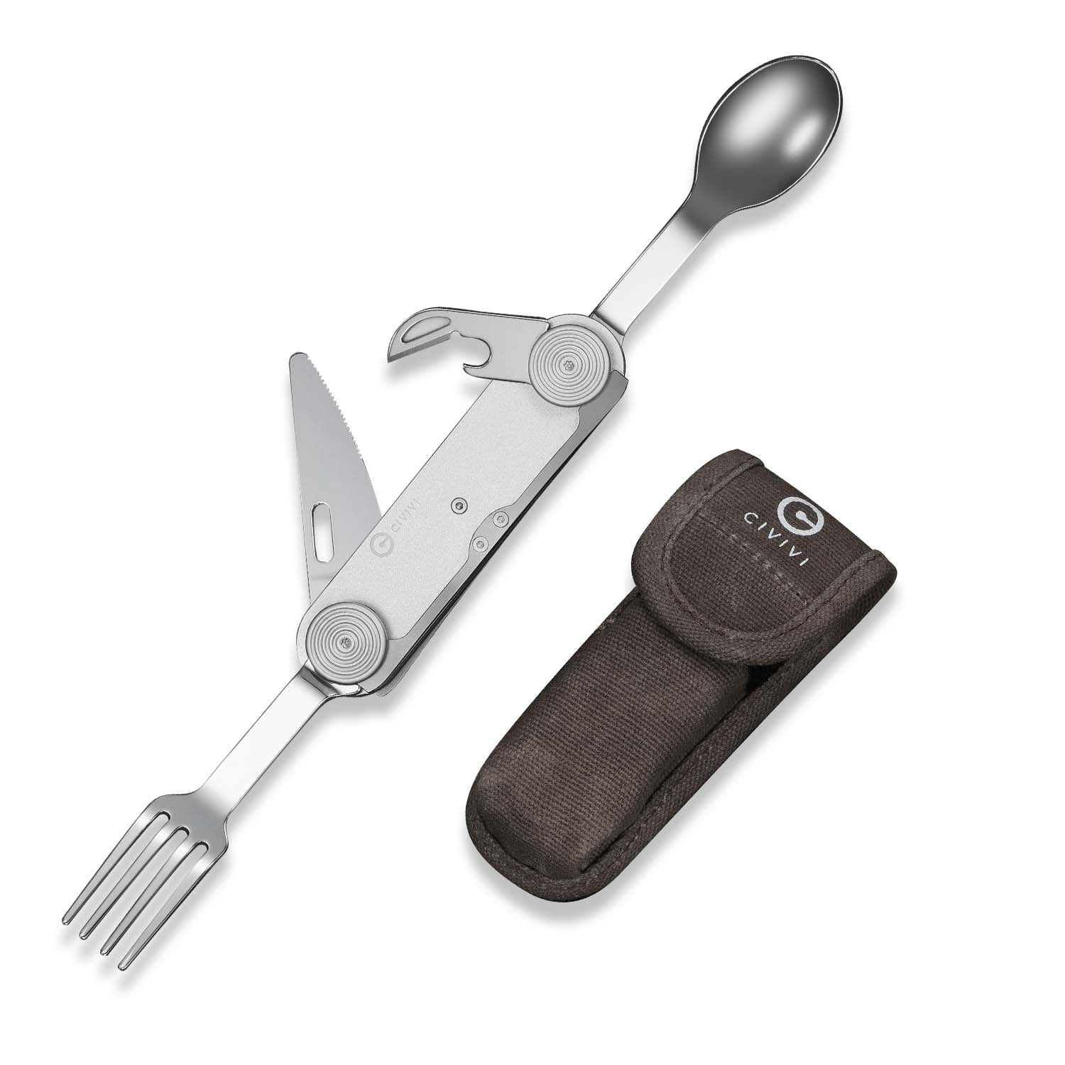 CIVIVI Partake 4-In-1 Multi-Tool Silver Aluminum Handle Stainless Steel Knife, Fork, Spoon & Can Opener C24032C-3, With A Waxed Canvas Pouch
