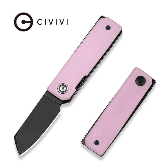 CIVIVI Kukei Small Pocket Knife Folding Knife with 2.02" Black Stonewashed Nitro-V Blade Powder Pink G10 Handle C25036-1, With 1PC Black Leather Sheath
