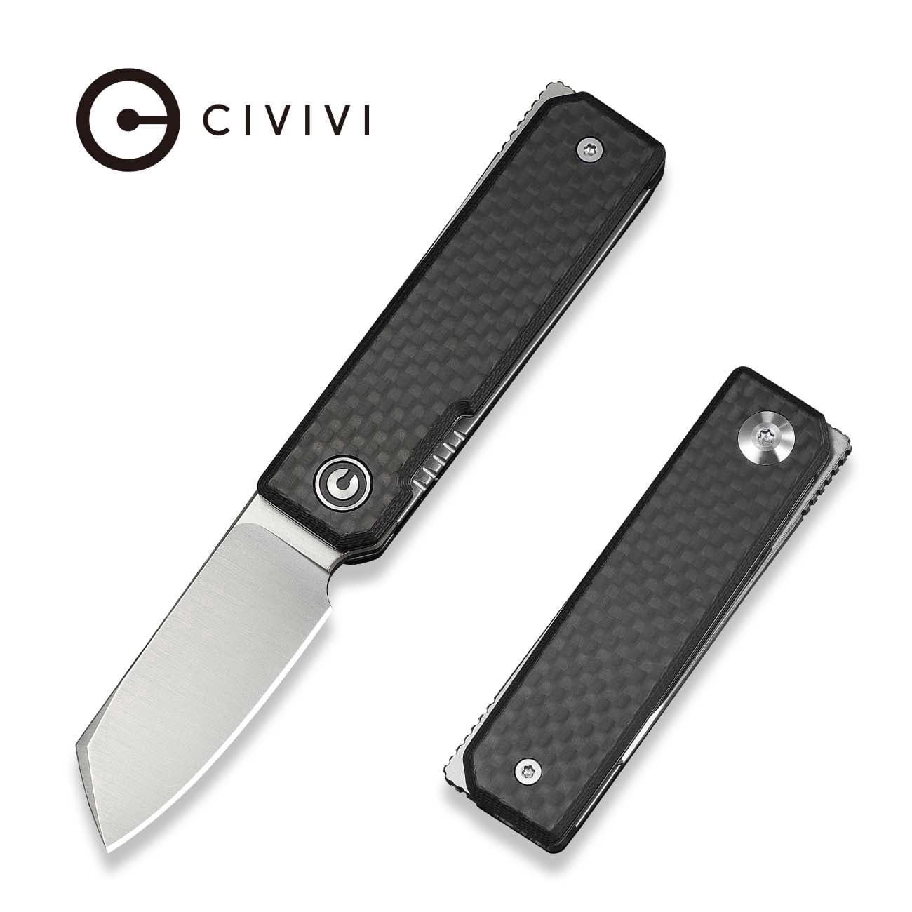 CIVIVI Kukei Small Pocket Knife Folding Knife with 2.02" Satin Finished Nitro-V Blade Twill Carbon Fiber Overlay On Black G10 Handle C25036-4, With 1PC Black Leather Sheath