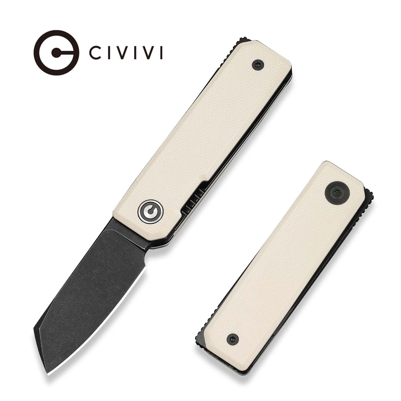 CIVIVI Kukei Small Pocket Knife Folding Knife with 2.02" Black Stonewashed Nitro-V Blade Ivory G10 Handle C25036-3, With 1PC Black Leather Sheath