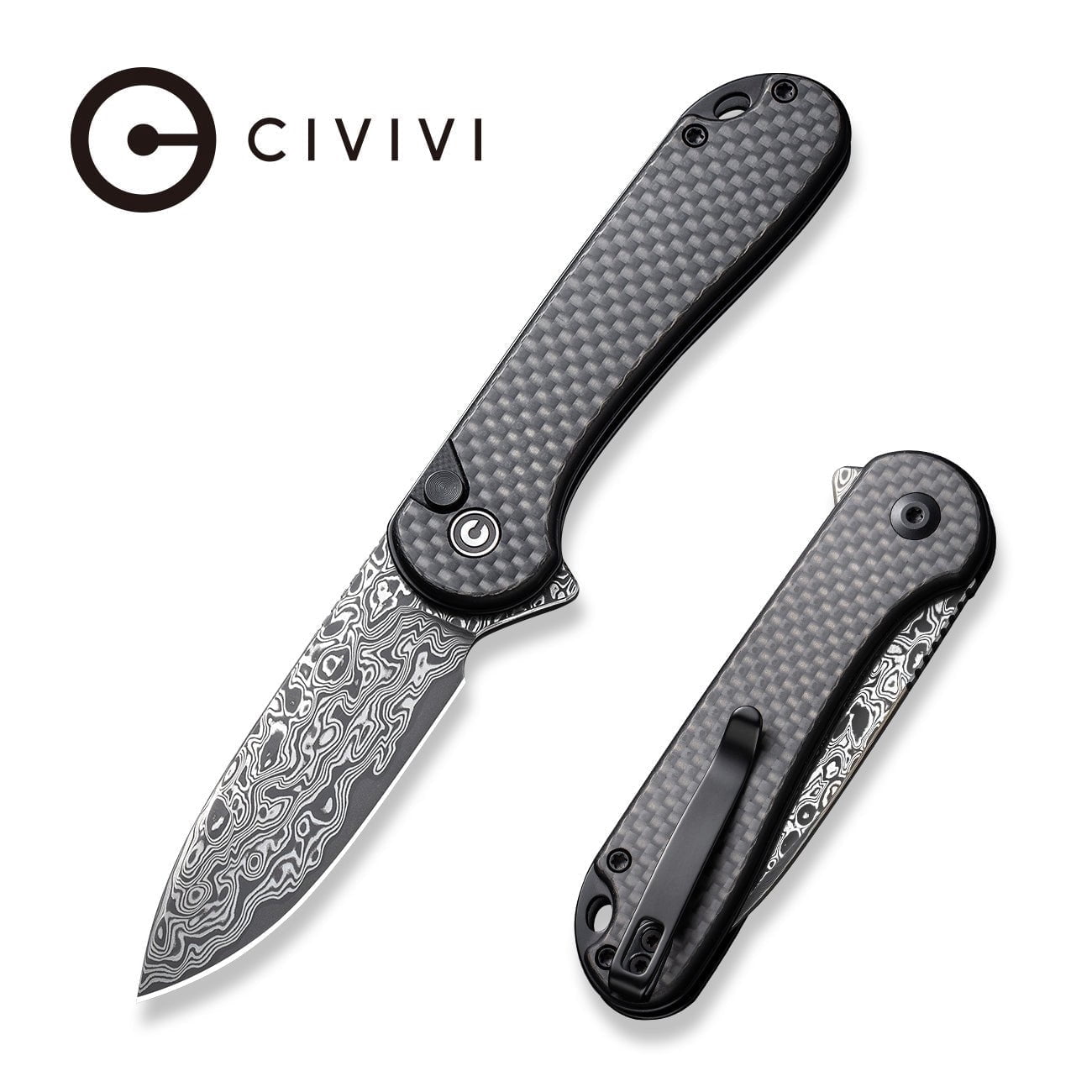 CIVIVI Pocket Folding Knife Button Lock Elementum II Damascus Blade C18062PB-DS1
