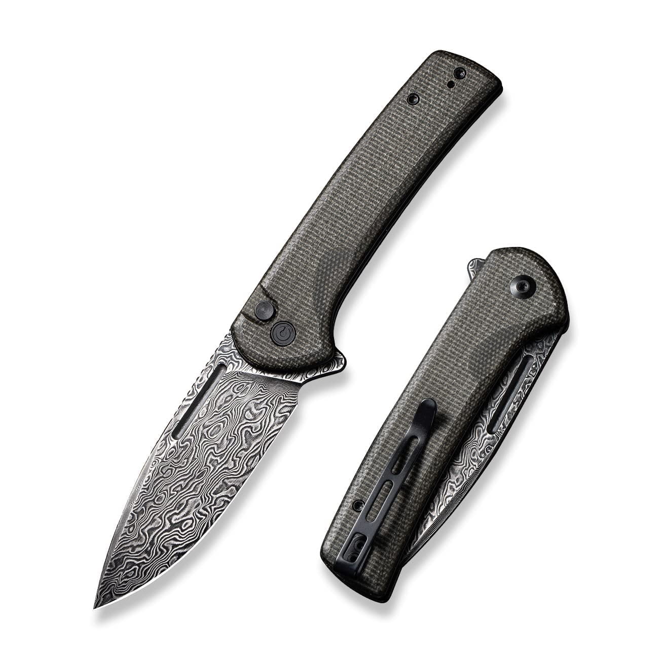 CIVIVI Pocket Knife Conspirator Button Lock Folding Knife 3.48" Damascus Blade, Dark Green Micarta Handle C21006-DS1