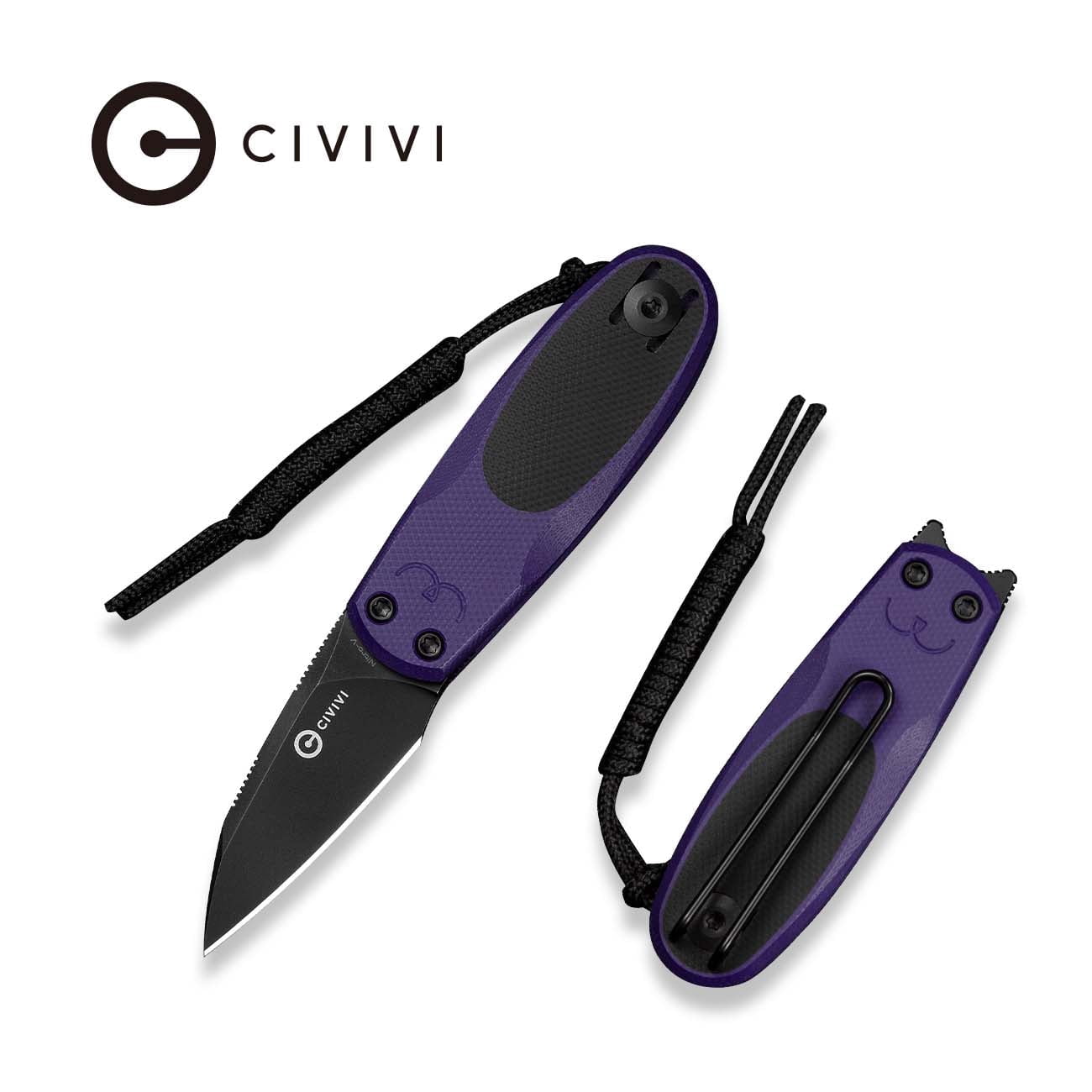 CIVIVI Purr Pocket Knife Folding Knife Slip Joint Knife with 1.83" Black Stonewashed Nitro-V Blade Purple & Black G10 Handle C25054-3, With 1PC Black Lanyard