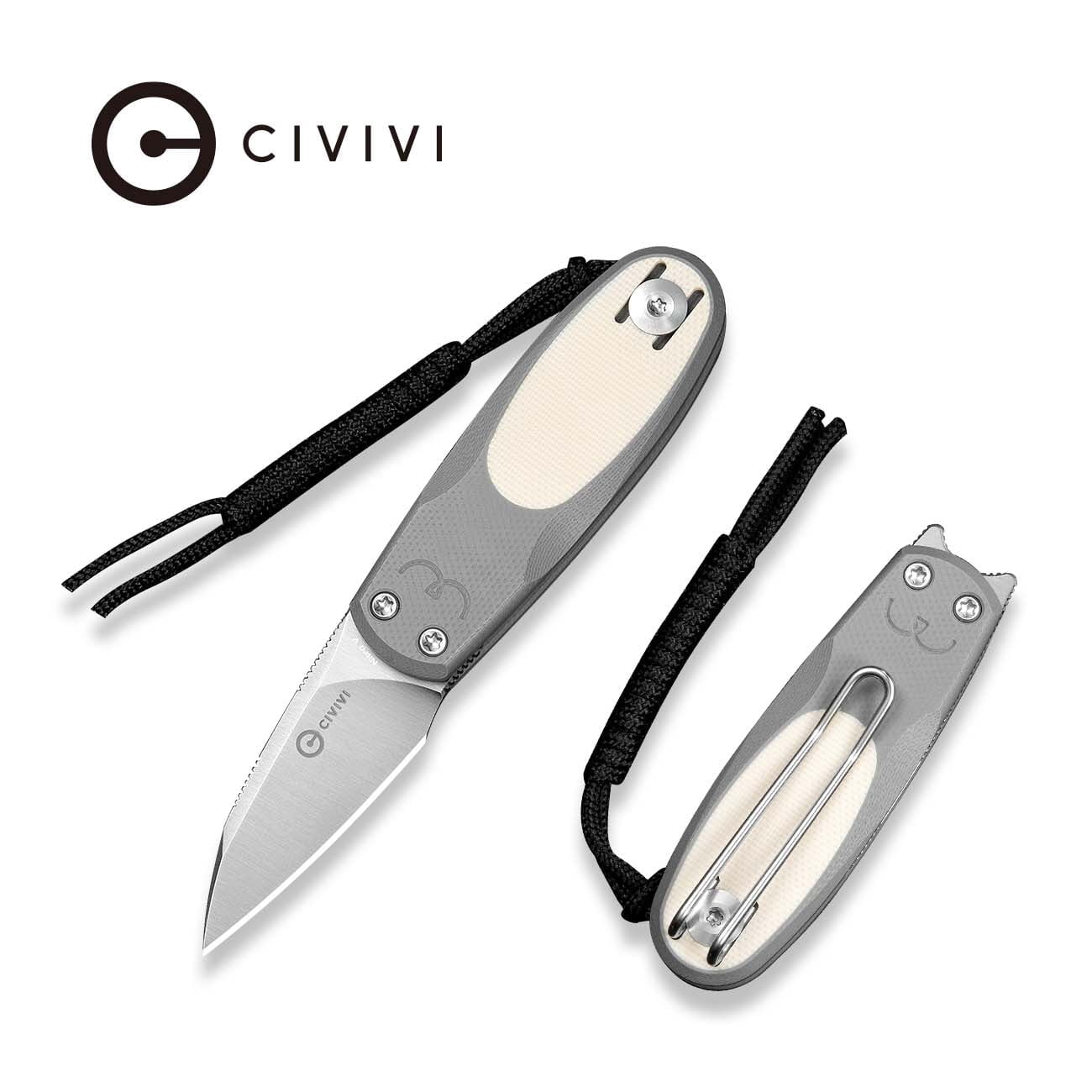 CIVIVI Purr Pocket Knife Folding Knife Slip Joint Knife with 1.83" Satin Finished Nitro-V Blade Gray & Ivory G10 Handle C25054-1, With 1PC Black Lanyard