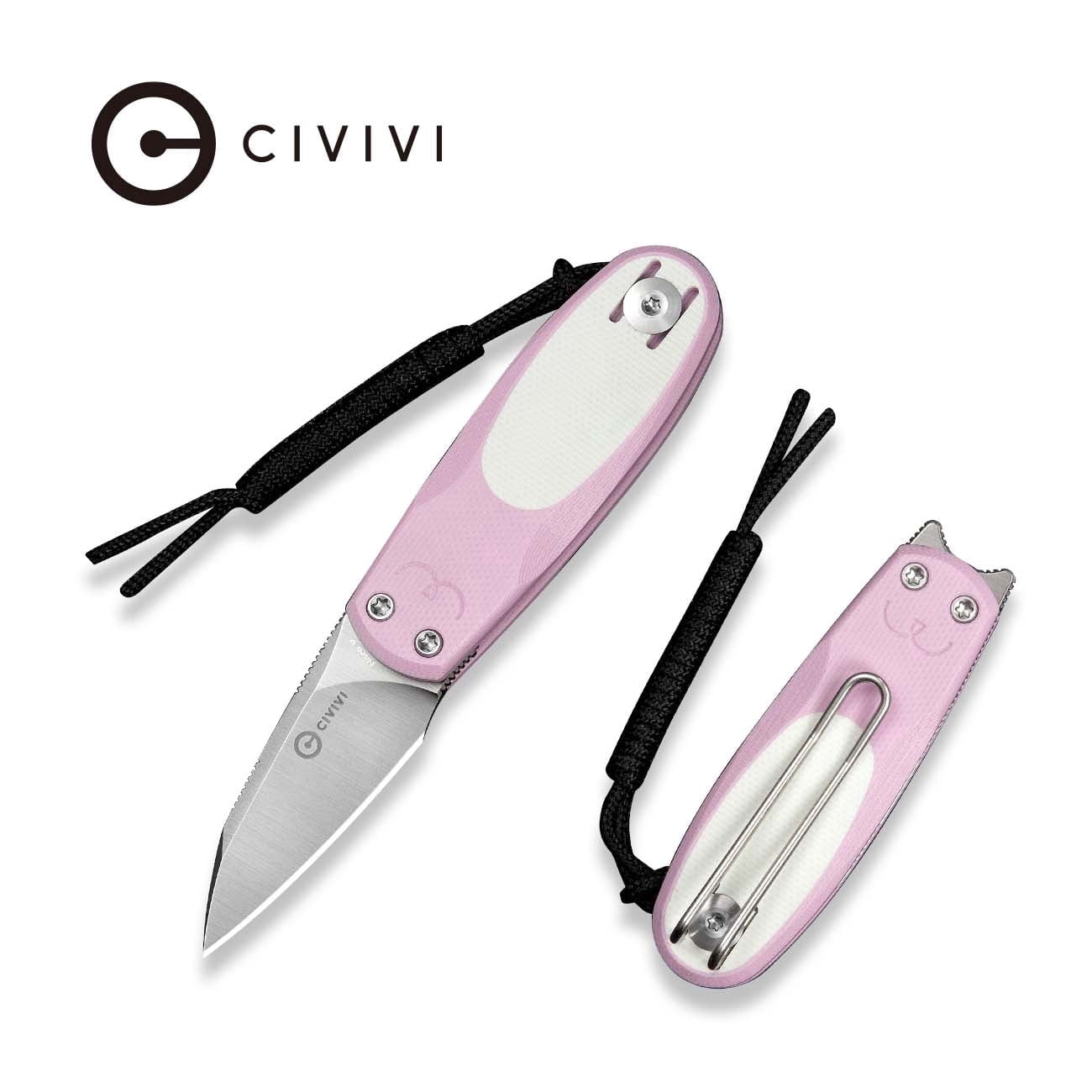 CIVIVI Purr Pocket Knife Folding Knife Slip Joint Knife with 1.83" Satin Finished Nitro-V Blade Powder Pink & White G10 Handle C25054-4, With 1PC Black Lanyard