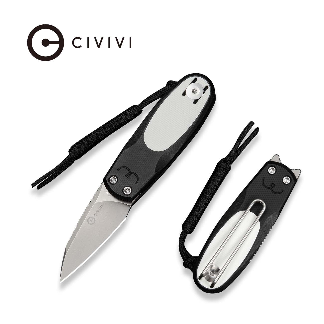 CIVIVI Purr Pocket Knife Folding Knife Slip Joint Knife with 1.83" Stonewashed Nitro-V Blade Black & White G10 Handle C25054-2, With 1PC Black Lanyard
