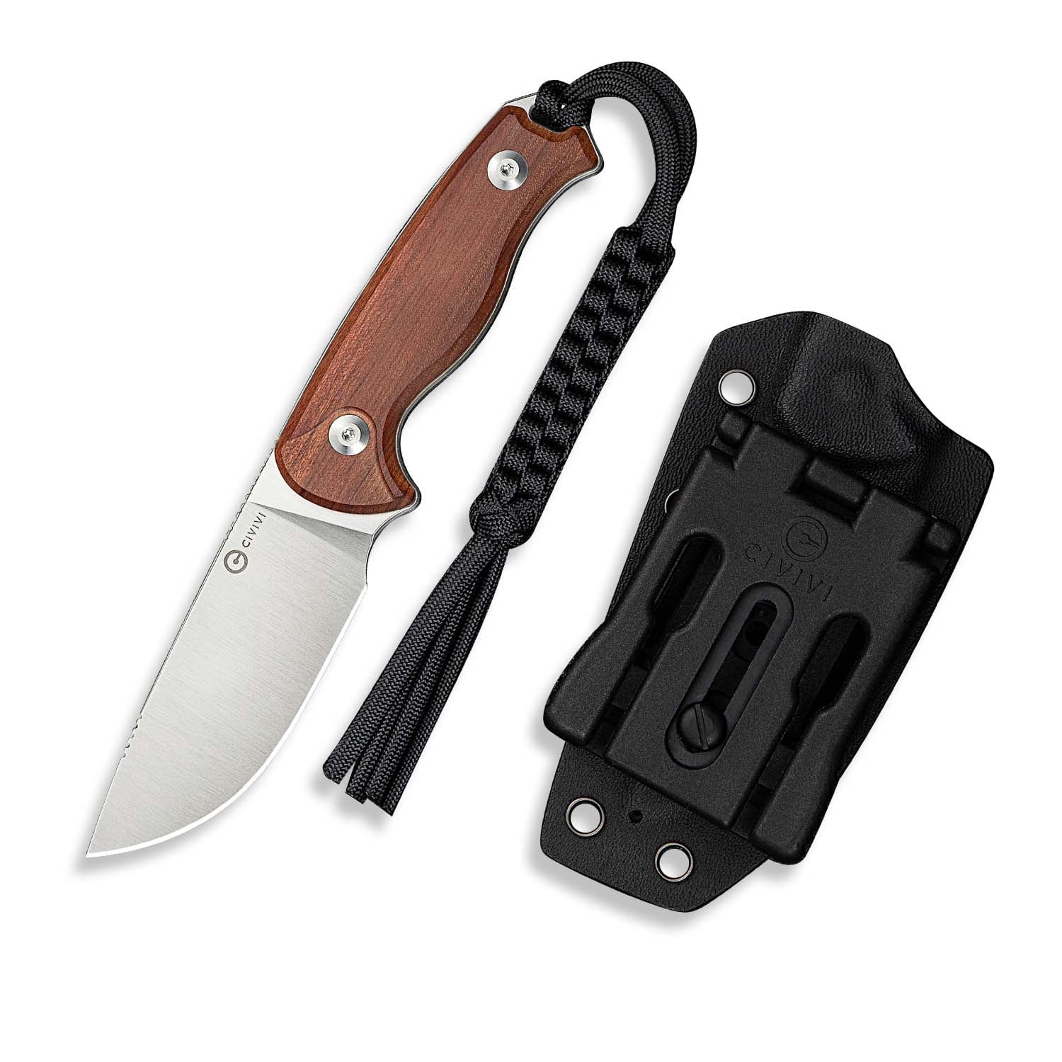 CIVIVI Timberbark Fixed Blade Knife with Kydex Sheath & Clip, 3.2" 14C28N Blade Wood Handle with Lanyard, Ideal EDC Hunting Knife for Outdoor Adventures Camping Hiking C23094-4