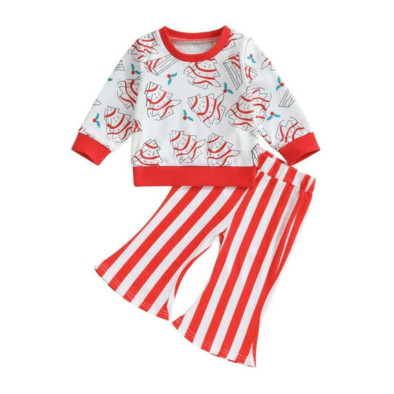 CIYCuIT 2Pcs Kids Baby Girls Christmas Outfits Christmas Tree Print Long Sleeve Sweatshirt + Striped Flared Pants 6M-4T Toddler Cute Fall Casual Clothes