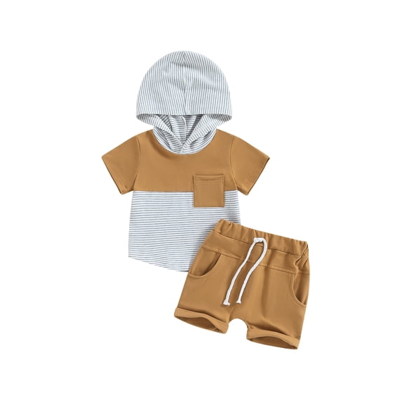 CIYCuIT 3M 6M 12M 18M 24M 3T Toddler Baby Boys Summer Outfits Striped Patchwork Short Sleeve Hooded T-Shirt + Solid Color Shorts 2Pcs Infant Casual Short Pants Sets