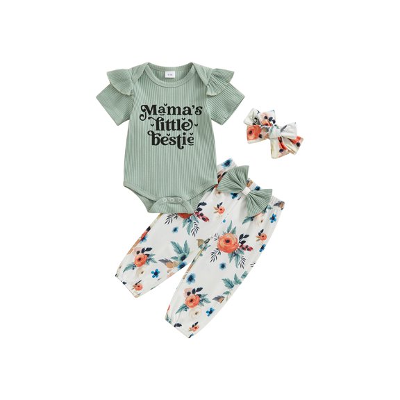 CIYCuIT 3M 6M 12M 18M Baby Girls Summer Outfits Short Sleeve Letter Print Romper + Floral Print Trousers + Bow Headband 3Pcs Infant Toddler Cute Casual Long Pants Sets