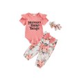 thumbnail image 1 of CIYCuIT 3M 6M 12M 18M Baby Girls Summer Outfits Short Sleeve Letter Print Romper + Floral Print Trousers + Bow Headband 3Pcs Infant Toddler Cute Casual Long Pants Sets, 1 of 9