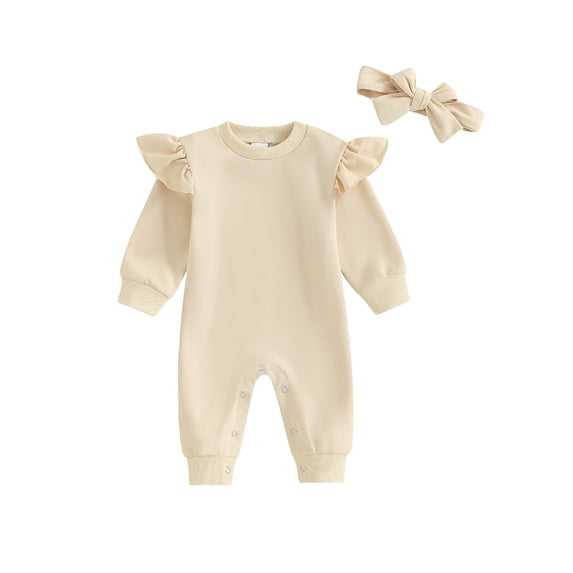 CIYCuIT 3M 6M 12M Baby Girl Footless Jumpsuit Solid Color Ruffles Long Sleeve Rompers with Headband 2Pcs Outfits Newborn Infant Casual Daily Clothes