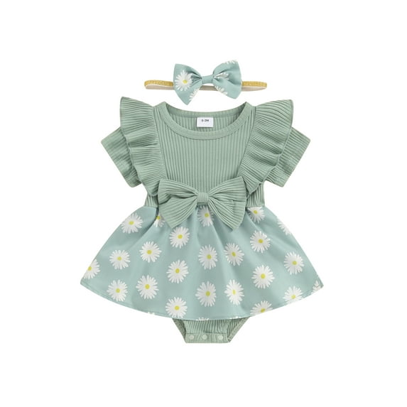 CIYCuIT 3M 6M 9M 12M 18M Baby Girls Sweet Romper Dress Ribbed Short Sleeve Daisy Print Skirt Hem Jumpsuit Newborn Infant Cute Summer A-line Bodysuit with Headband