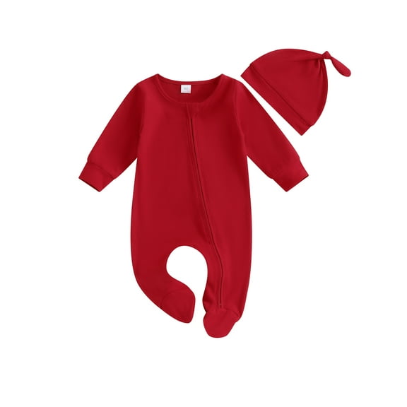 CIYCuIT 3M 6M Newborn Baby Girls Boys Footies Rompers Solid Color Long Sleeve Zipper Jumpsuit Infant Casual Playsuit with Hat Spring Fall Daily Clothes