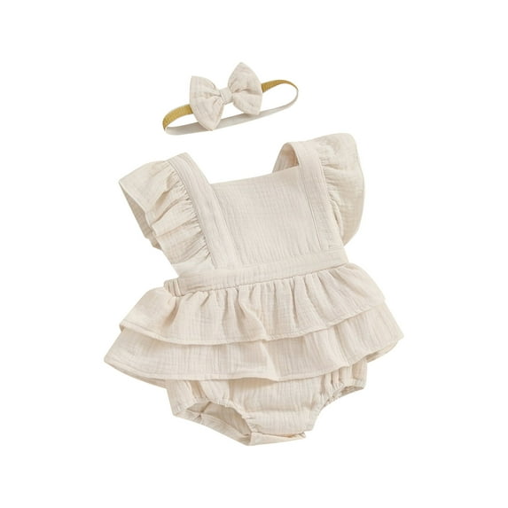 CIYCuIT 6M 9M 12M 18M Baby Girls Cotton Linen Romper Dress Fly Sleeve Square Neck Skirt Hem Jumpsuit Newborn Infant Solid Color Summer Bodysuit with Headband