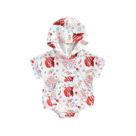 CIYCuIT Baby Boys Girls 4th of July T-shirt Romper Star Cow Print Short Sleeve Hooded Jumpsuit Newborn Infant Cute Summer Bodysuit with Pocket 3M 6M 12M 18M