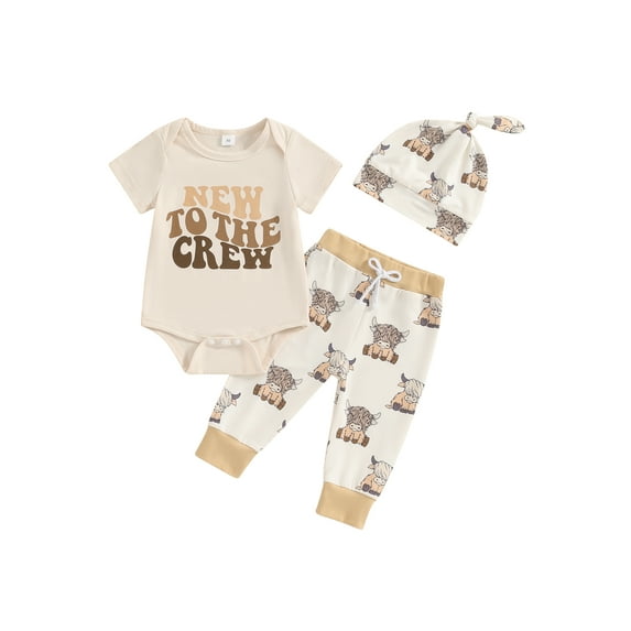 CIYCuIT Baby Boys Girls Summer 3Pcs Outfits Short Sleeve Letter Print Romper + Solid Color/Cow Print Trousers + Hat 3M 6M 12M 18M Newborn Infant Casual Long Pants Sets