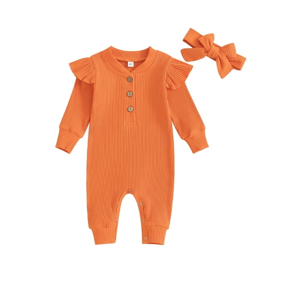 CIYCuIT Baby Girl Casual Footless Jumpsuit Solid Color Long Sleeve Button Rompers with Bow Headband Newborn Infant Cute Bodysuit Fall Daily Clothes 3M 6M 12M
