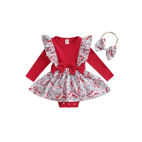 CIYCuIT Baby Girl Christmas Romper Dress Ruffled Long Sleeve Cartoon Print Skirt Hem Jumpsuit with Headband Infant Toddler Sweet Daily Clothes 0-24 Months