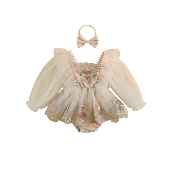 CIYCuIT Baby Girl Sweet Romper Dress Ruffles Long Sleeve Floral Embroidery Tulle Patchwork Jumpsuit with Headband Newborn Infant Princess Clothes 6M 12M 18M 24M