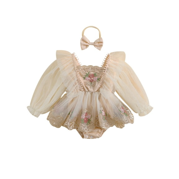 CIYCuIT Baby Girl Sweet Romper Dress Ruffles Long Sleeve Floral Embroidery Tulle Patchwork Jumpsuit with Headband Newborn Infant Princess Clothes 6M 12M 18M 24M