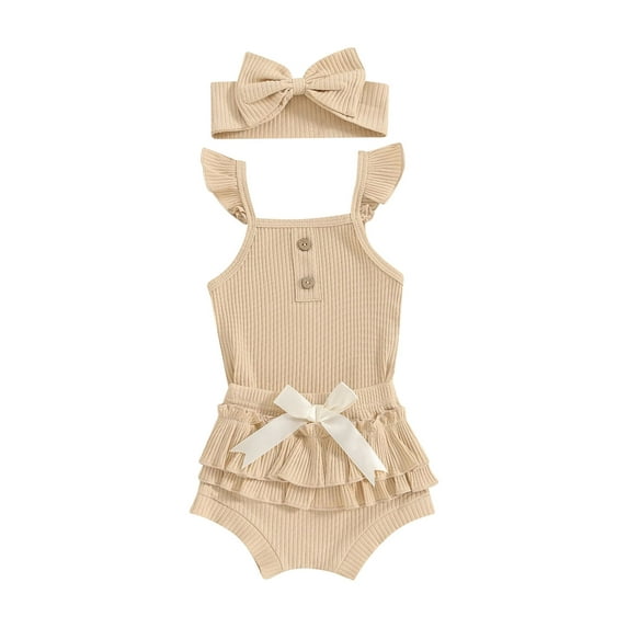 CIYCuIT Baby Girls 3Pcs Summer Outfits Solid Color Sleeveless Ribbed Romper + Layered Ruffle Shorts + Headband 3M 6M 12M 18M Newborn Infant Cute Casual Shorts Sets