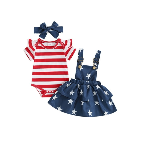 CIYCuIT Baby Girls 4th of July Outfits Short Sleeve Solid Color/Stripes Print Romper + Stars Print Suspender Skirt + Headband 0-24M Infant Toddler Cute Summer Clothes