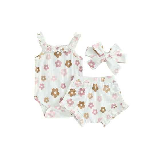 CIYCuIT Baby Girls Cute Shorts Sets Flower Print Sleeveless Straps Frills Romper + Shorts + Hairband 3M 6M 12M 18M Newborn Infant Summer Casual 3Pcs Outfits