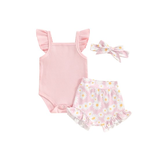 CIYCuIT Baby Girls Cute Shorts Sets Fly Sleeve Solid Color Romper + Flower Print Shorts + Bow Headband 3Pcs Outfits Newborn Infant Casual Summer Clothes 3M 6M 9M 12M 18M