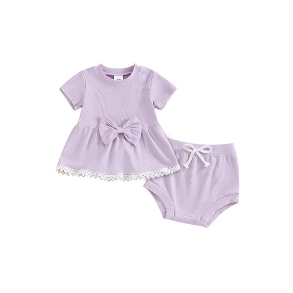 CIYCuIT Baby Girls Summer 2Pcs Outfits Short Sleeve Lace Trim Hem A-line T-shirt with Ribbed Shorts 6M 12M 18M 24M Infant Toddler Cute Solid Color Shorts Sets
