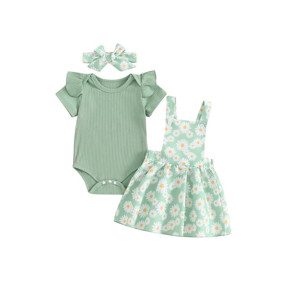 CIYCuIT Baby Girls Summer 3Pcs Outfits Ruffles Short Sleeve Romper + Daisy Print Suspender Skirt + Headband 3M 6M 12M 18M 24M Infant Toddler Cute Overalls Skirt Sets
