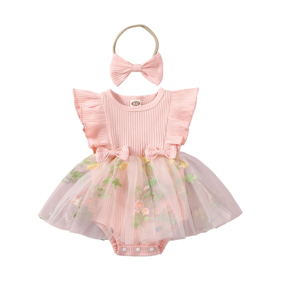 CIYCuIT Baby Girls Summer Romper Dress Fly Sleeve Flower Embroidery Tulle Skirt Hem Jumpsuit Infant Toddler Sweet A-line Bodysuit with Bow Headband 3M 6M 12M 18M 24M