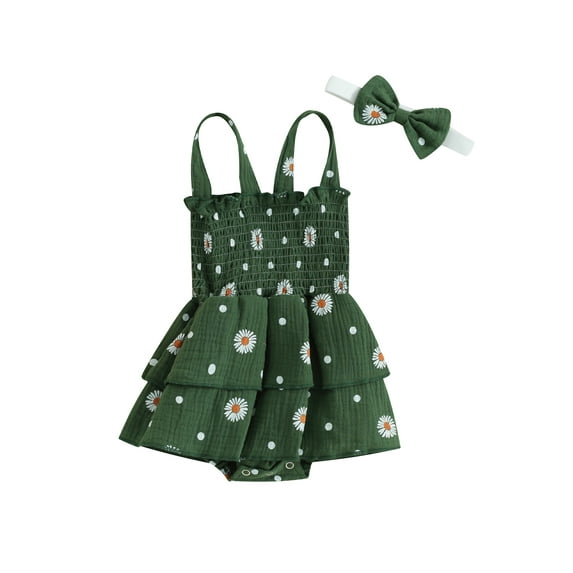CIYCuIT Baby Girls Summer Romper Dress Sleeveless Daisy Print Layered Skirt Smocked Jumpsuit Newborn Infant Cute A-line Bodysuit Dress with Headband 3M 6M 12M 18M