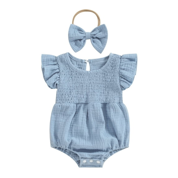 CIYCuIT Baby Girls Summer Romper Solid Color Fly Sleeve Crew Neck Jumpsuit Newborn Infant Cute Cotton Linen Bodysuit with Headband for Casual Daily 0-18 Months