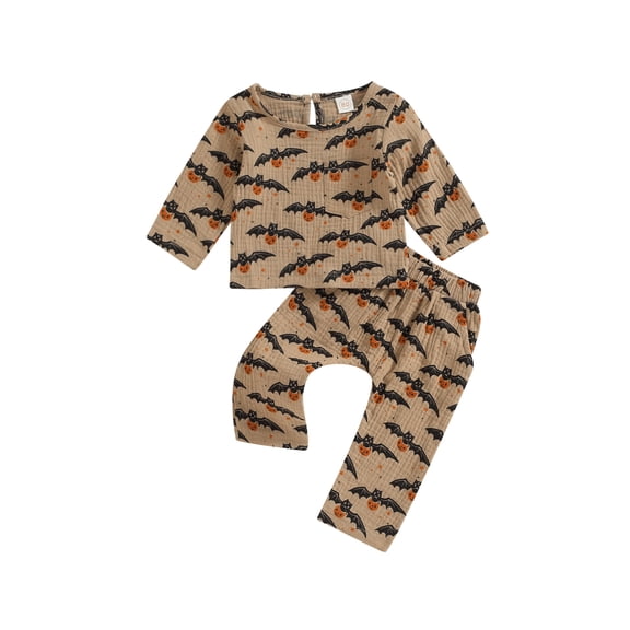 CIYCuIT Halloween Baby Girl Boy Cotton Linen 2Pcs Outfits Pumpkin/Bat Print Long Sleeve Pullover Tops + Long Pants 3M 6M 12M 18M 24M Infant Casual Clothes